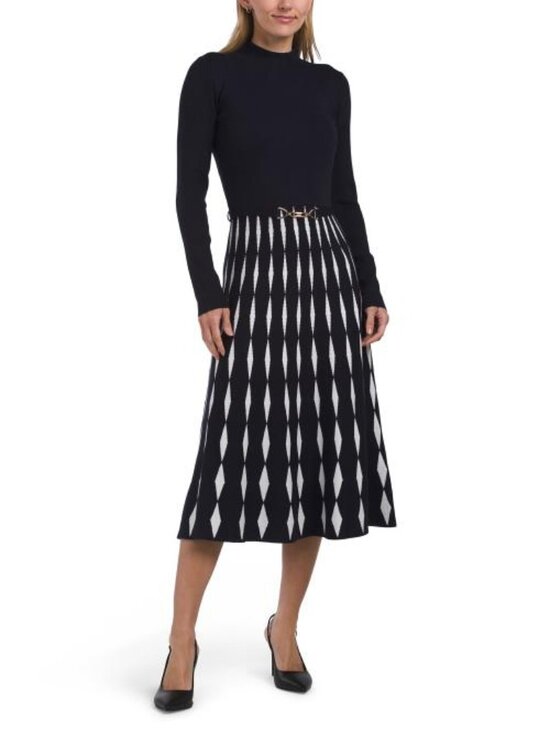 T Tahari Dresses & Skirts - T TAHARI Long Sleeve Mock Neck Flared Diamond Jacquard Dress